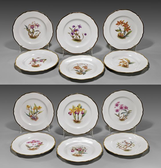 TWELVE ENGLISH SPODE PLATES: Orchid Series: 英式兰花系列瓷碟 十二件 TWELVE ENGLISH SPODE PLATES: Orchid Series Set of twelve English Spode enameled 'bone china' dinner plates, fa