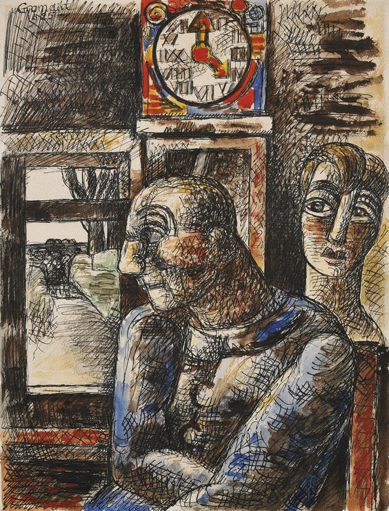 MULTI MEDIA PAINTING BY MARCEL GROMAIRE: 水彩畫紙 人物 MULTI MEDIA PAINTING BY MARCEL GROMAIRE Ink and watercolor on paper painting by Marcel Gromaire (French, 1892-1971); entitled "L'Horlorge", depicting 