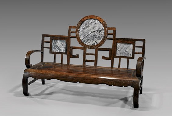 CHINESE HARDWOOD & MARBLE SETTEE: 硬木嵌大理石長椅 CHINESE HARDWOOD & MARBLE SETTEE Chinese hardwood settee with marble insets; the crest of openwork stepped form, centering a circular m