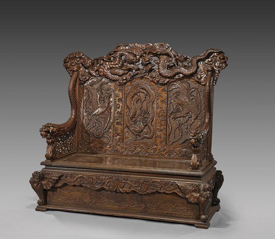 ANTIQUE JAPANESE WOOD DRAGON BENCH: 日式木雕龍紋椅 ANTIQUE JAPANESE WOOD DRAGON BENCHAntique Japanese Art Nouveau, carved wood dragon bench; the tall back with elaborately carved panels of to ph