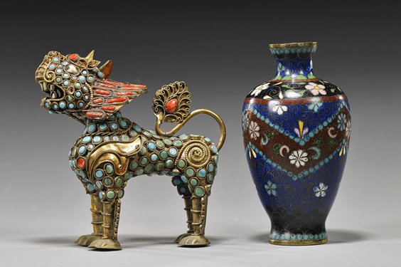 Cloisonné Miniature & Jeweled Lion Censer: Cloisonné Miniature & Jeweled Lion Censer Antique Japanese cloisonné miniature vase, ovoid form with floral motifs, Circa 1900; and a Nepalese censer in the form of a standing lion with allover turq