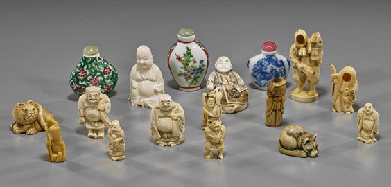 Group of 17 Ivories & Snuff Bottles: Group of 17 Ivories & Snuff Bottles Group of 13 various small ivories, including: 7 netsuke-sized okimono figures; 6 netsuke: 2 cats and 4 figures, some signed; one Chinese Budai; and one bone netsuke