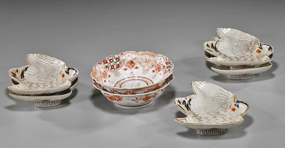 Group of Various Antique Kutani Porcelains: Group of Various Antique Kutani Porcelains Group of antique Japanese Kutani porcelains: set of 5 crane-form dishes (wear); and pair of foliate bowls with crane medallions at the center, seal marks (ri
