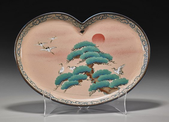 Old Japanese Cloisonné Enamel Dish: Old Japanese Cloisonné Enamel Dish Highly unusual and old, Japanese partially wireless cloisonné enamel dish; somewhat heart shapped with design of cranes and pine before a setting sun, signed with 