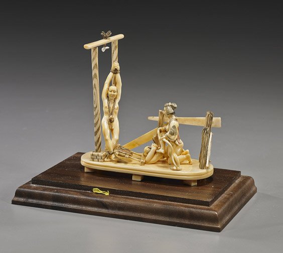 Unusual Erotic Sectional Ivory Okimono: Unusual Erotic Sectional Ivory OkimonoUnusual erotic sectional carved ivory okimono; depicting a "bondage" scene with a partially clothed woman and two nude men among various apparatuses, signed; H: 4