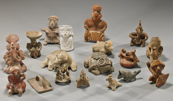 Box of Various Pre-Columbian Pottery Items: Box of Various Pre-Columbian Pottery Items Box of 18 various small Pre-Columbian pottery items, including: figures, animals, one lamp and one seal or stamp tool with elaborate design, some as vessels,