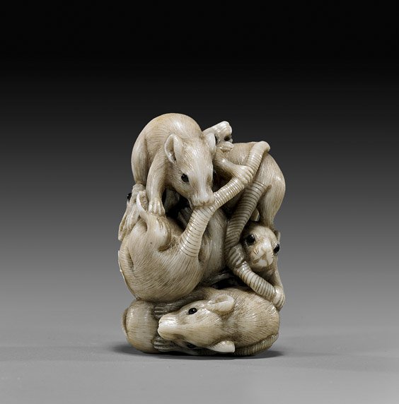 IVORY NETSUKE GROUP: Rodents: 象牙根付 鼠 IVORY NETSUKE GROUP: Rodents Carved ivory netsuke; of a cluster of rodents all intertwined together, each with inlaid eyes; signed Masakatsu; Provenance: The 