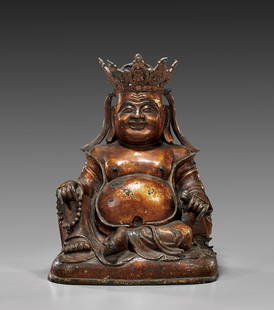 MING DYNASTY LACQUERED BRONZE BUDAI: 銅加漆布袋佛像 MING DYNASTY LACQUERED BRONZE BUDAILarge and heavy, antique Chinese Ming Dynasty gold lacquered bronze figure; of Budai, wearing an ornate crow