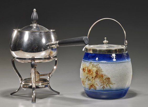 Silver Plated Pot & Antique Glazed Jar: Silver Plated Pot & Antique Glazed Jar Rogers silver plated fondue pot on tripod stand; together with an antique glazed pottery biscuit/cookie jar with floral motifs on crackle ground and with silver 