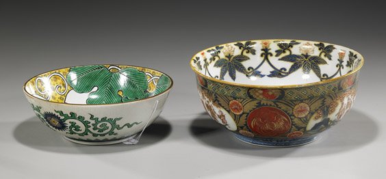 Two Antique Japanese Porcelain Bowls: Two Antique Japanese Porcelain Bowls Two antique Japanese porcelain bowls: the larger Imari with dragon center and leaves, the exterior with floral with figural reserves, 4-character mark; together wi