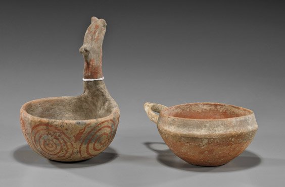 Two Various Ancient Pottery Bowls: Two Various Ancient Pottery Bowls Two ancient pottery bowls: Pre-Columbian with animal head handle and painted with target forms and lizards to the body; together with a well shaped circular form with