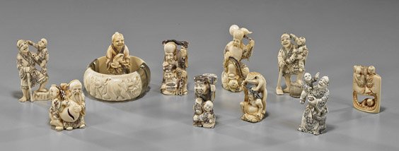 Group of 11 Various Small Ivories: Group of 11 Various Small Ivories Group of 11 small ivories, including: 10 figural netsuke, some with polychrome scrim, some signed; together with an ivory bangle bracelet carved with elephant motifs,