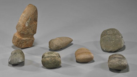 Lot of 7 Ancient Stone Tool Heads: Lot of 7 Ancient Stone Tool HeadsLot of 7 ancient stone ax and mace heads; early Native American and Pre-Hispanic, various types of stone; L: 6 1/2" (largest)