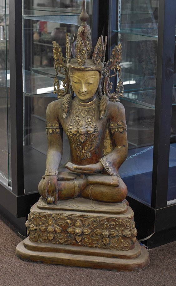 Large Southeast Asian Lacquered Buddhist Figure: Large Southeast Asian Lacquered Buddhist Figure Large Southeast Asian gilt and lightly polychromed, carved and dry lacquer wood Buddhist figure; seated in lotus posture atop an elaborate floral base, 