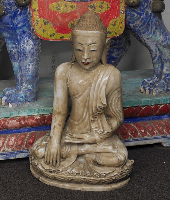 Large Southeast Asian Carved Marble Buddha: Large Southeast Asian Carved Marble Buddha Large and heavy, Southeast Asian (probably Burmese) carved and polished marble Buddha; seated in lotus posture atop a lotus base, with hands in mudra, painte