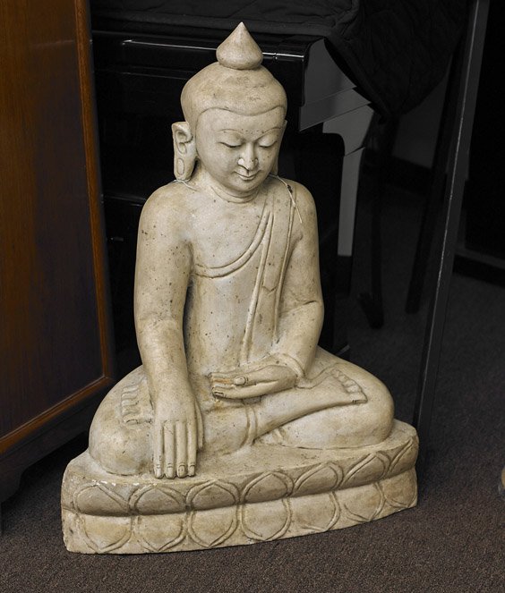 Large Southeast Asian Carved Marble Buddha: Large Southeast Asian Carved Marble Buddha Large and extremely heavy, Southeast Asian (probably Burmese) carved marble Buddha; seated in lotus posture atop a stylized lotus base with hands in mudra (w