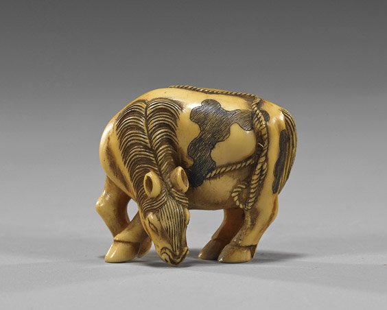 Antique Carved Ivory Netsuke: Horse: Antique Carved Ivory Netsuke: Horse Well detailed and attractively patinated, antique carved ivory netsuke; in the form of a grazing horse with spots, 19th Century