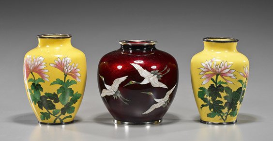 Group of 3 Japanese Cloisonné Enamels: Group of 3 Japanese Cloisonné Enamels Group of 3 older Japanese cloisonné enamel vases: the largest globular form pigeon blood red over foil ground with cranes in flight; together with 2 similar yel