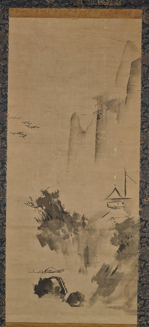 Three Various Old Japanese Scrolls: Three Various Old Japanese Scrolls Three Japanese scrolls: antique ink and wash on paper of a shore landscape with boat and dwelling, attributed to Yusho (heavily toned and other flaws); antique ink a