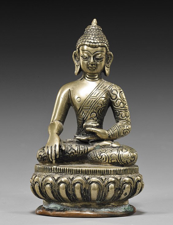 Small Tibetan/Nepalese Bronze Buddha: Small Tibetan/Nepalese Bronze Buddha Small Tibetan or Nepalese white bronze figure of Buddha; seated in lotus posture atop a stylized lotus pedestal, holding a vessel in one hand, the other hand in mu