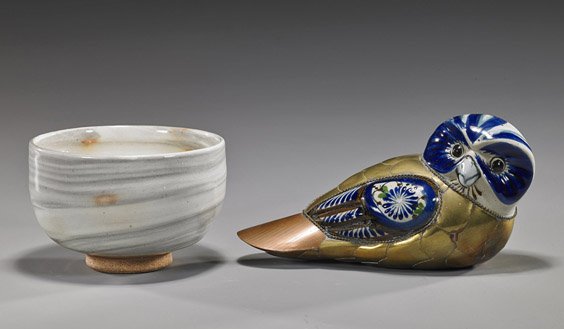 Japanese Ceramic Bowl & Pottery Owl: Japanese Ceramic Bowl & Pottery Owl Japanese Shozo Tanigawa glazed tea bowl, of globular form, seal mark; together with a brass and copper mounted pottery owl; L: 7" (larger)