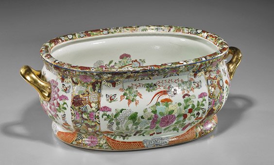 Large Rose Medallion-Type Porcelain Basin: Large Rose Medallion-Type Porcelain Basin Large Chinese Rose Medallion-type, Famille Rose porcelain basin; with birds, butterfly and flower motifs, the interior with florals and Buddhist emblems, seal