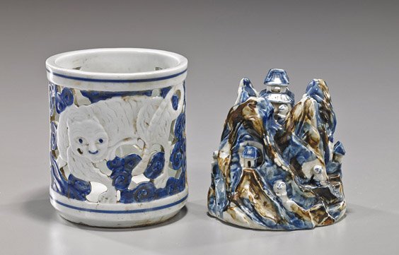 Two Antique-Style Blue & White Porcelains: Two Antique-Style Blue & White Porcelains Two antique-style, probably Korean blue and white porcelains: openwork cylindrical brushpot with tiger and qilin among clouds; together with a mountain form w