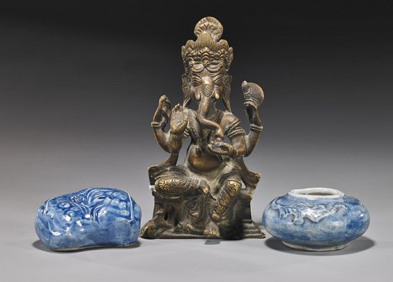 Nepalese/Indian Bronze Ganesha & 2 Porcelains: Nepalese/Indian Bronze Ganesha & 2 Porcelains Nepalese or Indian bronze figure of Ganesha, seated on a pedestal, wearing an elaborate headdress and holding ritual objects; together with 2 Korean-type 