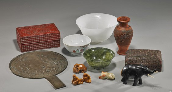Group of Various Asian Items: Group of Various Asian Items Group of Asian items, including: 2 carved cinnabar lacquer boxes: with boys in a landscape; the other with detailed landscape (large chips); early 20th Century, Japanese b