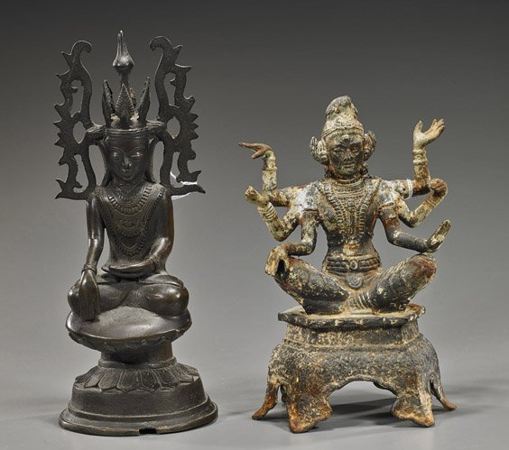 Two Antique Southeast Asian Bronzes: Two Antique Southeast Asian Bronzes Two antique Southeast Asian bronzes: the taller probably Burmese, seated in lotus posture atop a raised lotus pedestal, hands in mudra and wearing an elaborate open