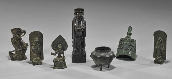 Group of Antique Chinese Bronze Miniatures: Group of Antique Chinese Bronze Miniatures Group of antique Chinese bronze miniatures, including: tree trunk-form vase with florals; globular censer; 3 Buddhist deity figures; archaistic bell and carv
