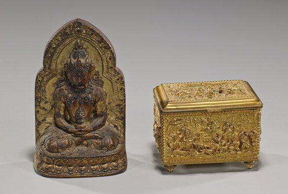 Two Gilt Items: Ceramic Buddha & Bronze Box: Two Gilt Items: Ceramic Buddha & Bronze Box Old Continental gilt bronze small jewelry or sewing box, rectangular form, footed and with figural landscape scenes in relief (minor wear); together with an
