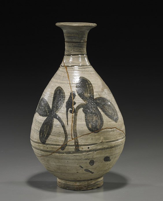 Antique Korean Glazed Yuhu-Type Vase: Antique Korean Glazed Yuhu-Type Vase Probably Choson Dynasty, antique Korean glazed yuhu-type vase; with stylized florals and linear bands (restored); H: 11"
