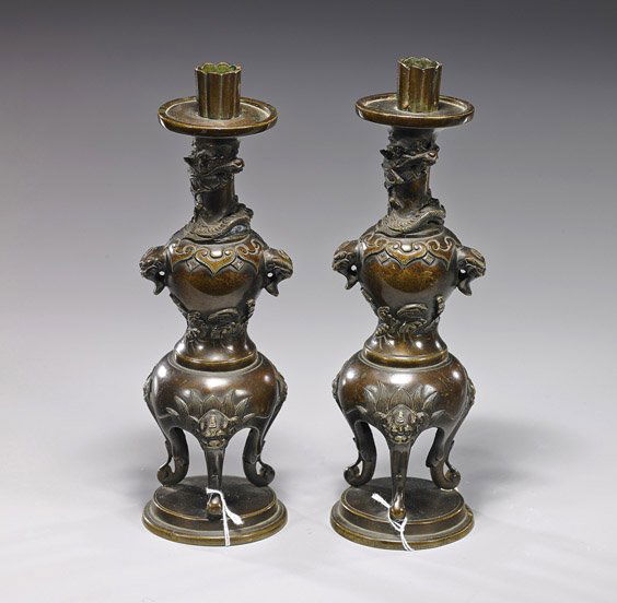 Pair Antique Japanese Bronze Candle Holders