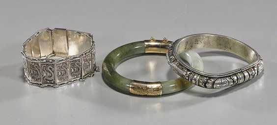 Three Chinese Bracelets: Silver & Gold: Three Chinese Bracelets: Silver & GoldThree Chinese bracelets: old silver sectional with rectangular links, each with dragon (one link repaired); silver or silvered bangle with Shou and fan motifs in