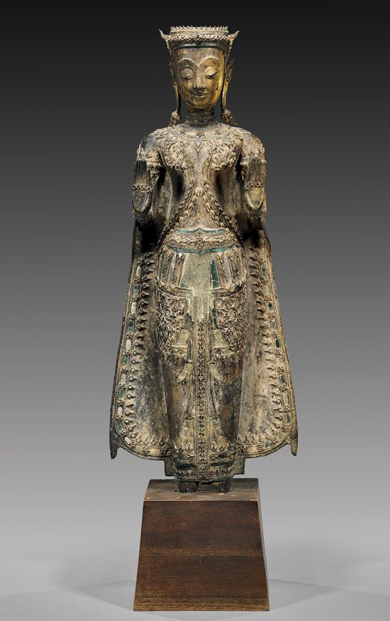 Antique Southeast Asian Bronze Figure: Antique Southeast Asian Bronze Figure Tall and antique, Southeast Asian gold lacquered bronze Buddhist figure; standing in elaborate long robes with mirror "jeweled" designs, with hands up in mudra (m
