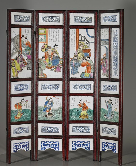 Chinese 8-Panel Famille Rose Porcelain Screen: Chinese 8-Panel Famille Rose Porcelain Screen Chinese 8-panel Famille Rose and blue and white porcelain mounted screen; each panel with various figural and floral panels, inscriptions (minor flaws, so
