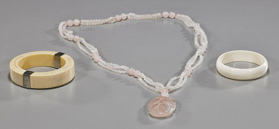 Group of Three Various Jewelry Items: Group of Three Various Jewelry ItemsGroup of 3 various jewelry items: thick, silver-mounted ivory bangle bracelet (some crazing); smaller ivory bangle bracelet (crack); and a rose quartz bead necklace
