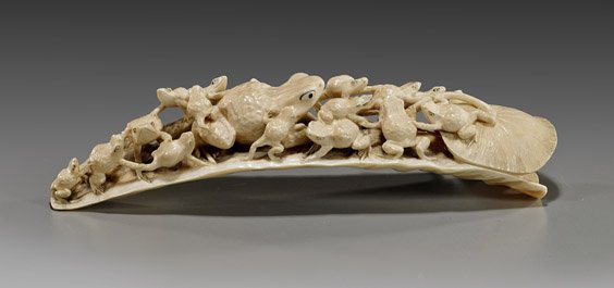 Antique Boar's Tusk Ivory Okimono: Frogs: Antique Boar's Tusk Ivory Okimono: Frogs Antique Japanese, openwork carved boar's tusk ivory okimono; depicting a group of many small frogs crawling on each other and on a larger frog, all atop a bran