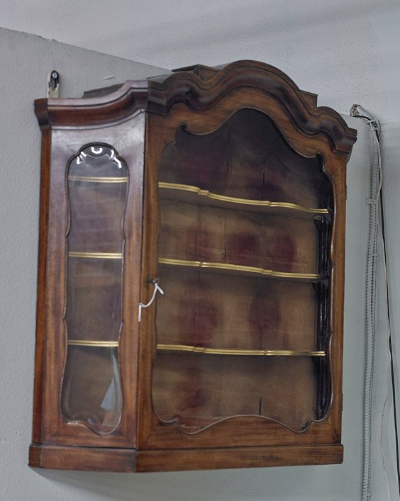 Dutch Walnut Wall Display Cabinet: Dutch Walnut Wall Display Cabinet Dutch walnut collector's hanging wall display cabinet; velvet lined and with gilt shelves on the interior, glazed front and sides with faceted edges, undulated crest,