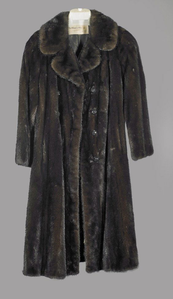 Ladies' Full Length Mink Coat: Ladies' Full Length Mink CoatLadies' mink coat; made from natural, all female pelts: fully let out dark ranch mink, full length with black "jeweled" buttons; matching mink belt and mink hat; L: 43 1/2