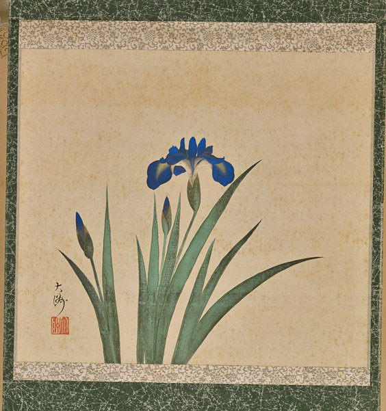 Two Old Japanese Scrolls: Beauty & Iris: Two Old Japanese Scrolls: Beauty & Iris Early 20th Century Japanese silk portrait scroll of a colorful beauty, signed Shimei; together with an antique Japanese scroll of an iris flower on paper, signe