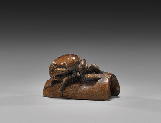 ANTIQUE CARVED WOOD NETSUKE: Beetle: 木製根付 ANTIQUE WOOD NETSUKE: Beetle Antique carved wood netsuke; of a beetle in openwork relief, on a log, unsigned, 19th Century