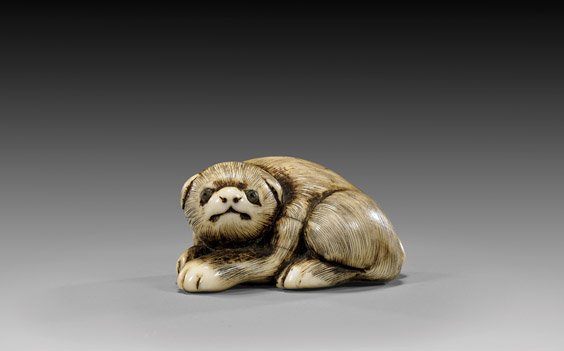 ANTIQUE IVORY NETSUKE: Puppy: 象牙根付 ANTIQUE IVORY NETSUKE: Puppy Antique carved ivory netsuke; of a recumbent puppy rendered with realistic fur, and with inlaid eyes, unsigned; 19th Century