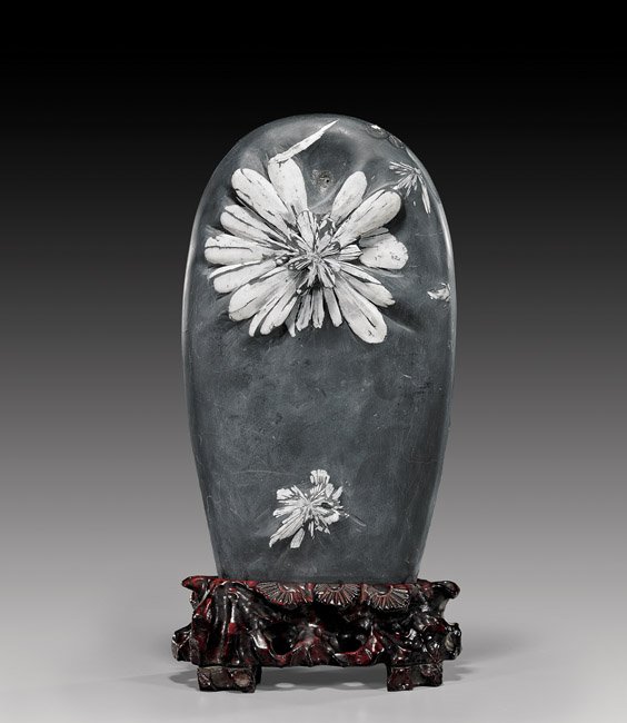 FINE CHRYSANTHEMUM STONE: FINE CHRYSANTHEMUM STONEHunan Province, People's Republic of ChinaThe natural sprays of celestite found in this dark Chinese limestone earned their name for their distinctive floral pattern. This is a