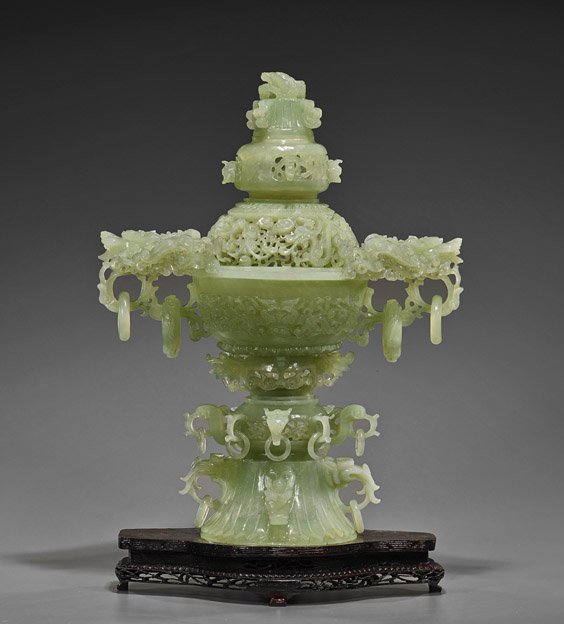 Massive Chinese Carved Bowenite Censer: Massive Chinese Carved Bowenite CenserMassive and elaborately sectional carved, Chinese bowenite pedestal footed censer and cover; with decorative reticulated carving and numerous loose rings, globula