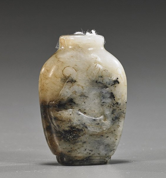 Carved Celadon & Black Jade Snuff Bottle