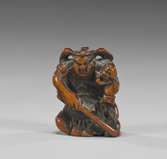 Antique Carved Wood Netsuke: Warrior