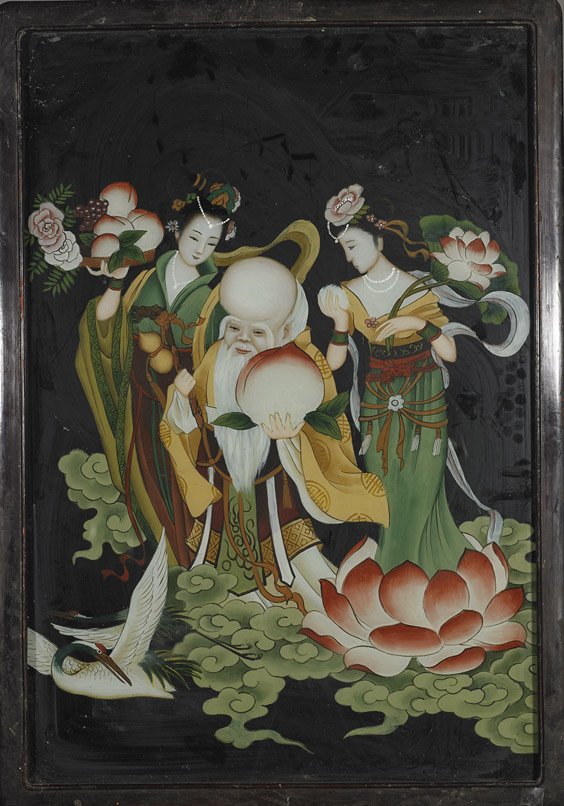 Chinese Reverse Glass Shoulao Painting