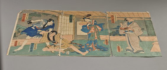 Three Antique Japanese Woodblock Triptychs - 2